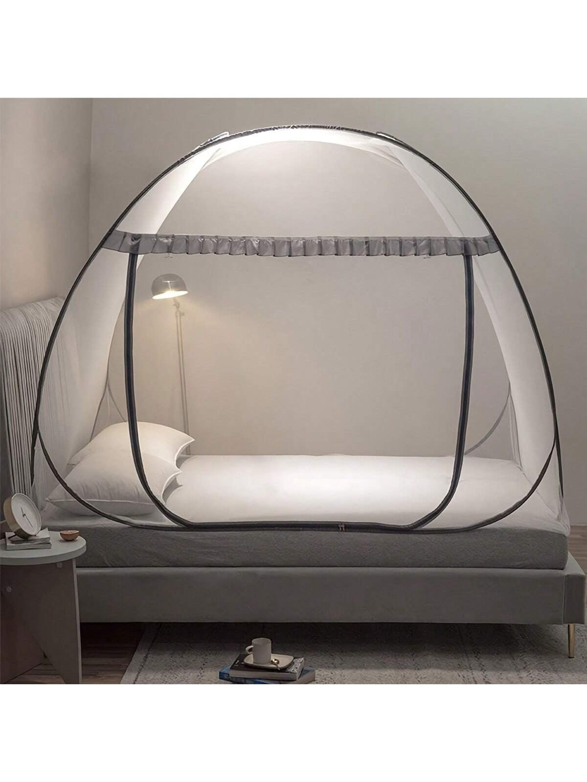No Assembly Required Mongolian Tent Mosquito Net 1 Second Installation 360 Full Coverage Portable Foldable Four Seasons Bed Canopy With U Shaped Zipper Scalloped Edge 150*200cm Grey