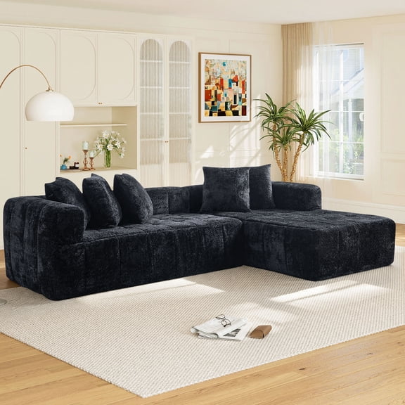 No Assembly Required, Muumblus 108" Oversized Modular Sectional Sofa, L-Shaped Boneless Cloud Couch, Modern Chenille Living Room Floor Sofa, Black (Right Facing Chaise)