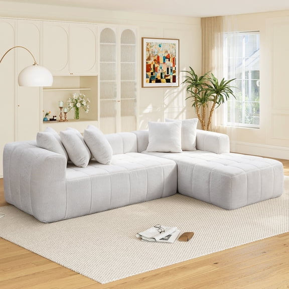 No Assembly Required, Muumblus 108" Oversized Modular Sectional Sofa, L-Shaped Boneless Cloud Couch, Modern Chenille Living Room Floor Sofa, White (Right Facing Chaise)