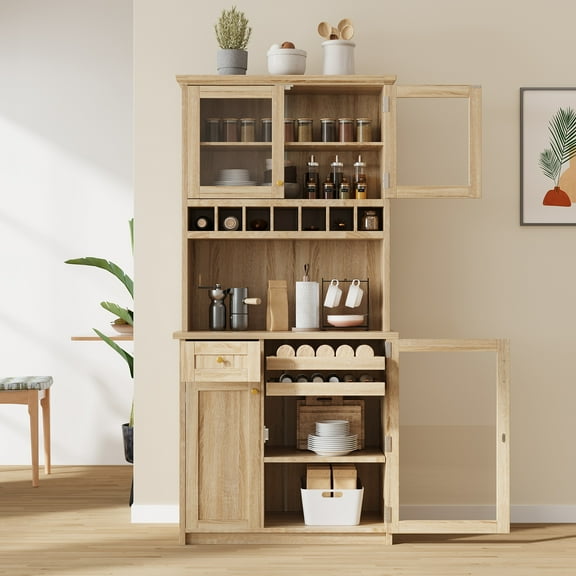 [Assembly Video Provided] TOPMAX Farmhouse 35.4x17.7x74.8inch Freestanding Buffet with Hutch, Tall Kitchen Pantry Storage Cabinet with Wine Rack and Adjustable Shelves for Dining Room, Natural