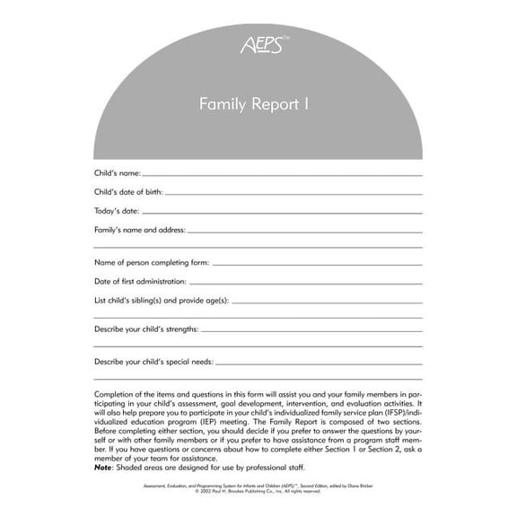 Assessment, Evaluation, and Programming System for Infants and Children (AEPS), Family Report I : Birth to Three Years (Paperback)