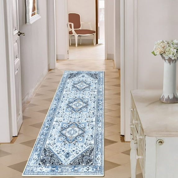 Assile Bohemian Runner Rug 2 x 6 Hallway Runner Rug Non-Slip Washable Rug Vintage Throw Kitchen Runner Rug Vintage Carpet for Entryway Bedroom, Blue