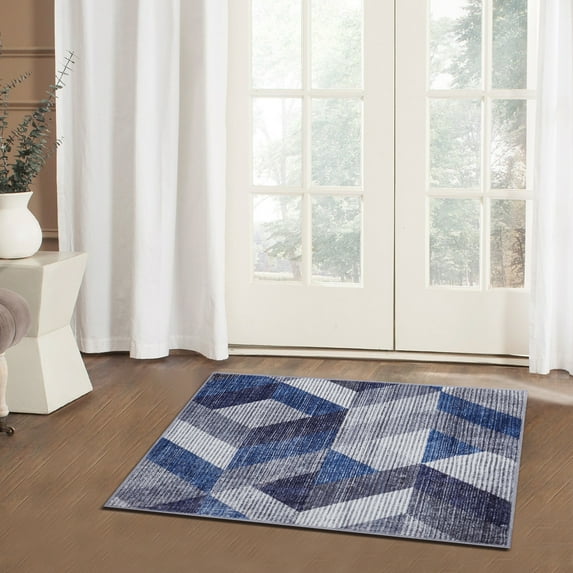 Assile Modern Geometric Area Rug Small Trellis Entry Rug Non-Slip Low-Pile Machine Washable Carpet for Laundry Kitchen, 2' x 3', Navy Blue