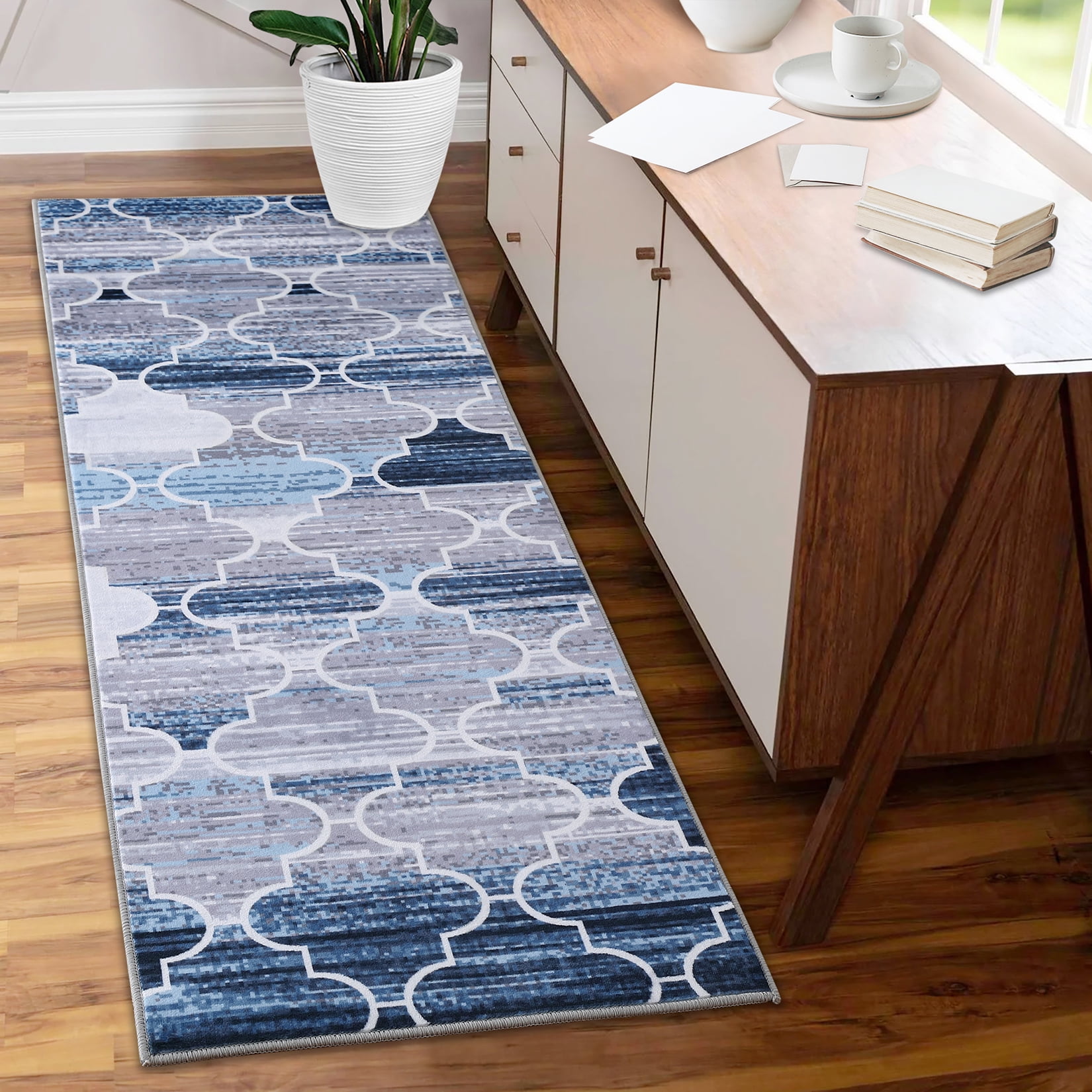 Assile Navy Blue Moroccan Velvet Runner Rug Contemporary Geometric Ogee ...