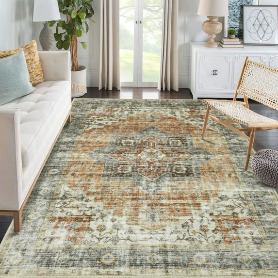 Assile Persian Area Rug 6 x 9 Feet Accent Mat Vintage Distressed Floor Carpet Throw Rugs Non Slip Living Room Rug Oriental Area Rug for Living Room Bedroom Office, Brown