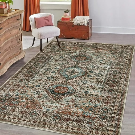 Assile Persian Area Rug Floral Traditional Vintage Rug Floor Mat Non-Slip Low Pile Accent Carpet Home Decor Indoor Floor Cover for Living Room, 8 x 10 feet, Brown