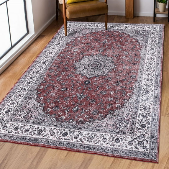 Assile Persian Vintage Boho Are Rug Non-Slip Low Pile Machine Washable Waterproof Carpet Living Room Home Decor, Red, 3' x 5'