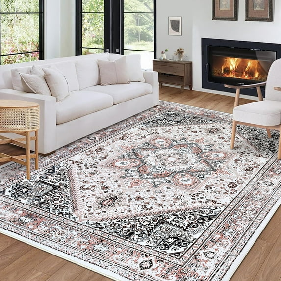 Assile Bohemian Washable Area Rug 5 x 7 Floral Rug Oriental Rug Medallion Rugs Vintage Living Room Rug Large Rug Non-Slip, Pink/Brown
