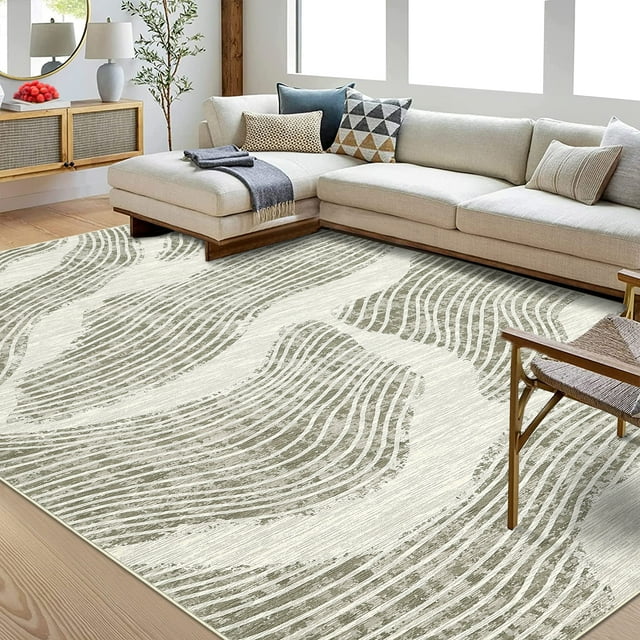 Assile Washable Area Rug 5' x 7' Rugs for Dining Room Modern Abstract Geometric Striped Carpet, Beige