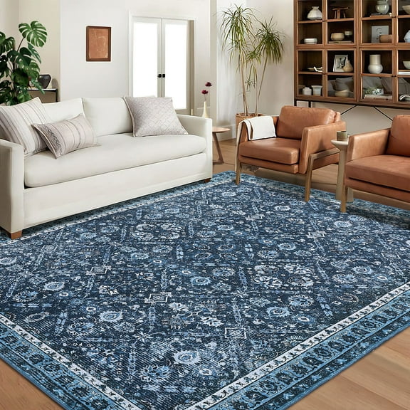 Assile Washable Area Rug 6' x 9' Rugs for Dining Room Vintage Moroccan Carpet, Blue