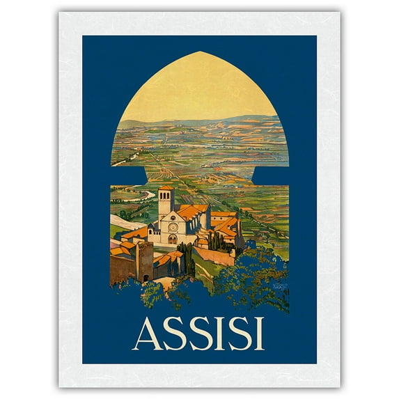 Assisi Italy - Basilica di San Francesco Church - Vintage Travel Poster by Vittorio Grassi c.1920 - Japanese Unryu Rice Paper Art Print (Unframed) 18 x 24 in