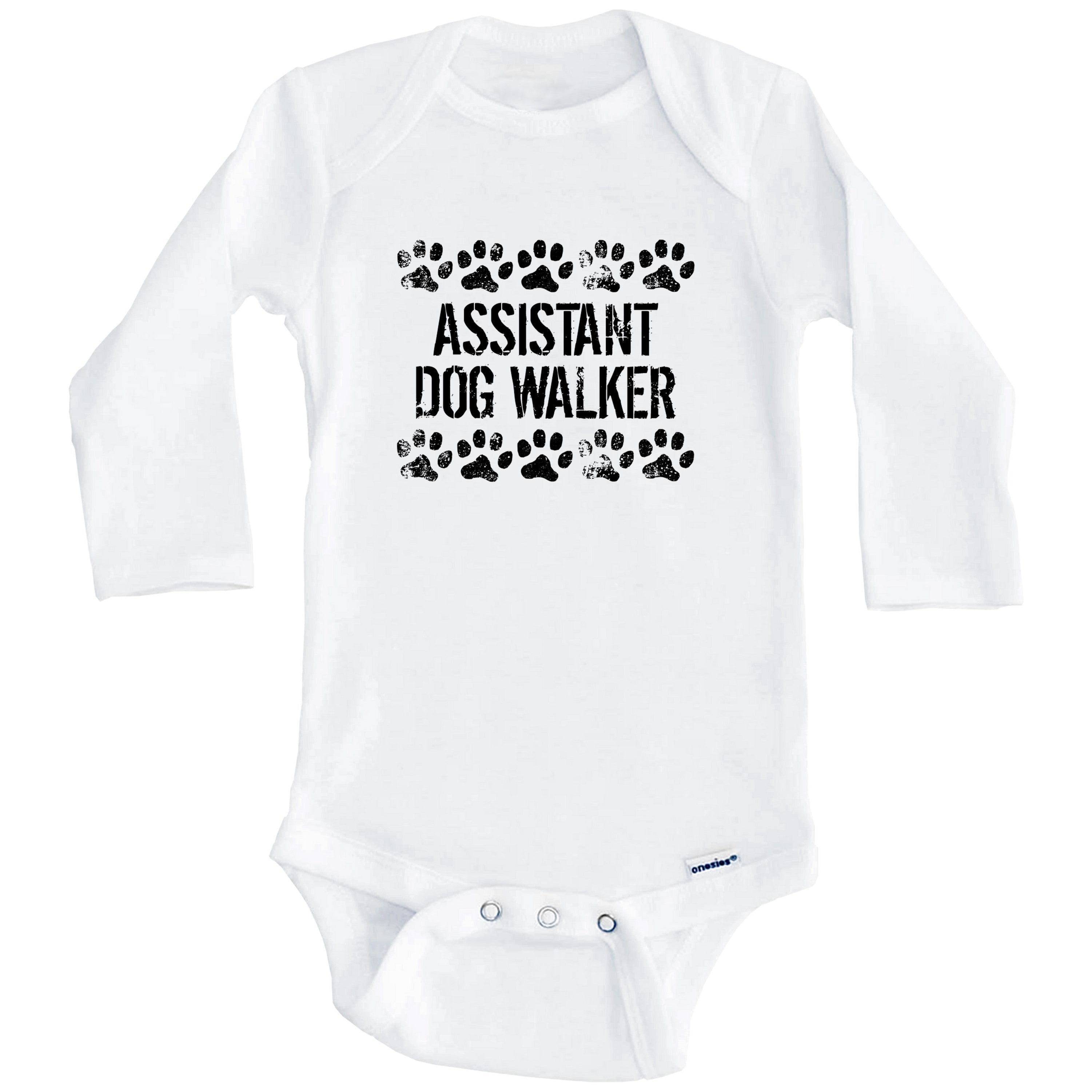 Assistant Dog Walker Funny One Piece Baby Bodysuit - Dog Baby Bodysuit For Kids (Long Sleeve), 0-3 Months White