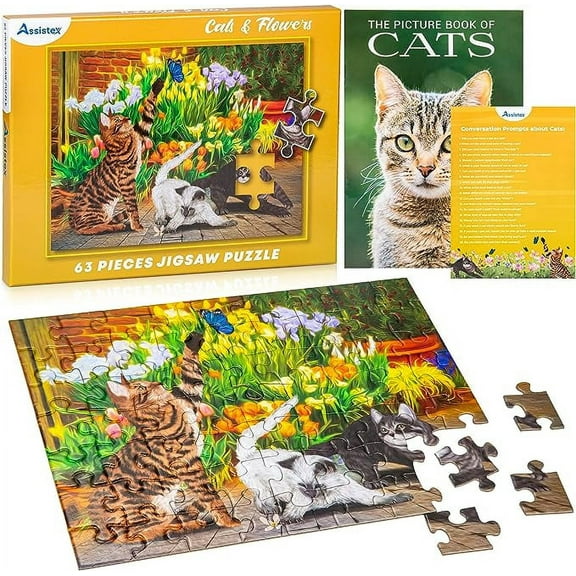 Assistex Dementia Jigsaw 63 Large Puzzle for Seniors - Alzheimer's Activity for Adults with Conversation Prompts - Best Memory Game for Patiens in Nursing Home - Build in Box Activities for Elderly