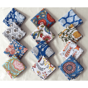 Assorted 12 Pcs Napkins Set 10x10 Inch Hand Block Floral Printed 100% Cotton Bohemian Mix and Match Reusable Cocktail Table Cloth Dinner Napkins