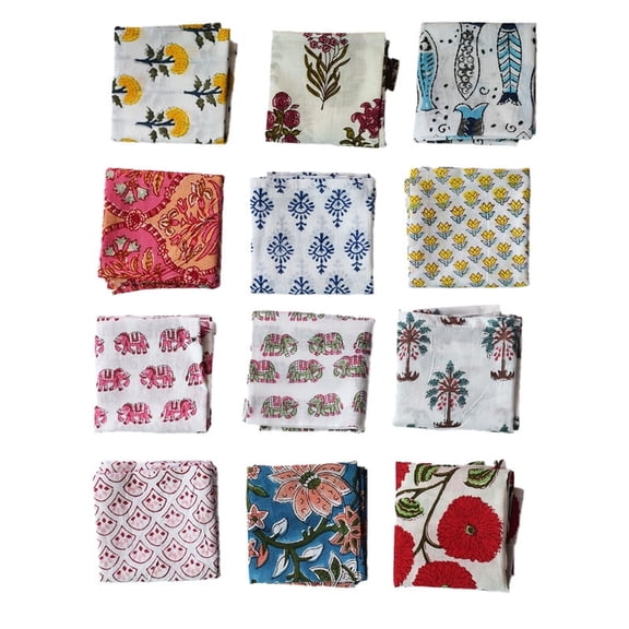Assorted 12 Pcs Napkins Set 10x10 Inch Hand Block Floral Printed 100% Cotton Bohemian Mix and Match Reusable Cocktail Table Cloth Dinner Napkins
