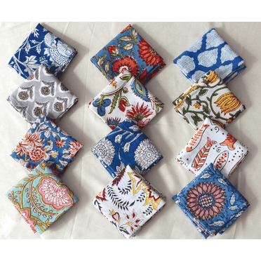 Assorted 12 Pcs Napkins Set 14x14 Inch Hand Block Floral Printed 100% Cotton Bohemian Mix and Match Reusable Cocktail Table Cloth Dinner Napkins
