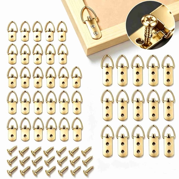 Assorted 2 Size D Ring Picture Hanging Hardware, 60PCS Total Single/Double Hole D-Ring Hooks with Matching Screws for Artwork Frame Hanging, Gold
