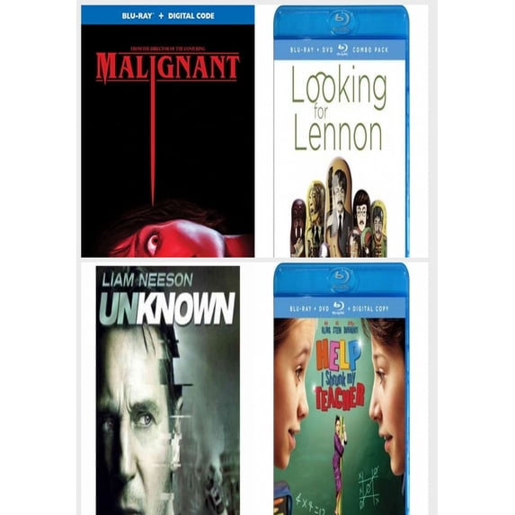 Assorted 4 Pack Blu-Ray Bundle: Malignant, Looking for Lennon, Warner Bros Unknown, Help, I Shrunk My Teacher