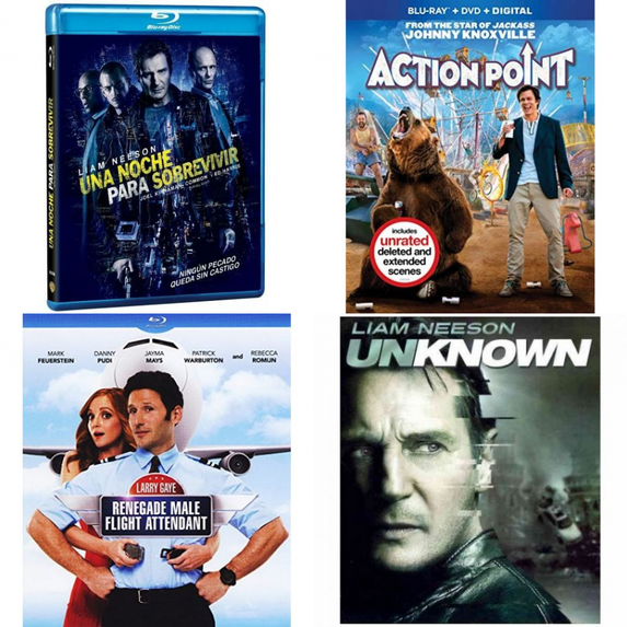Assorted 4 Pack Blu-Ray Bundle: Una Noche Para Sobrevivir, Action Point, Larry Gaye//Renegade Male Flight Attendant, Warner Bros Unknown