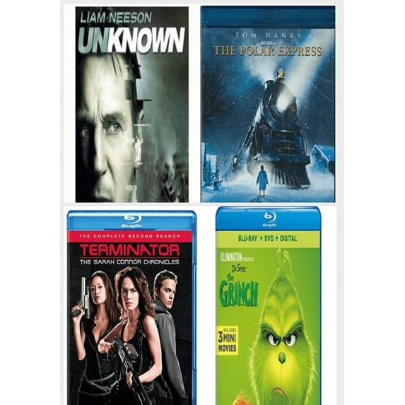 Assorted 4 Pack Blu-Ray Bundle: Warner Bros Unknown, The Polar Express, Terminator: The Sarah Connor Chronicles - Season 2, Illumination Presents: Dr. Seuss' The Grinch