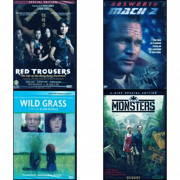 Assorted 4 Pack DVD Bundle: Red Trousers Special Edition 2 Disc Set : Mach 2 : Wild Grass : Monsters Two-Disc Special Edition + Digital Copy