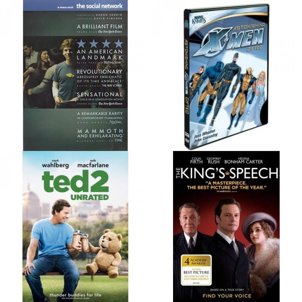 Assorted 4 Pack DVD Bundle: The Social Network, Astonishing X-Men - Gifted,  Ted 2, The King's Speech 