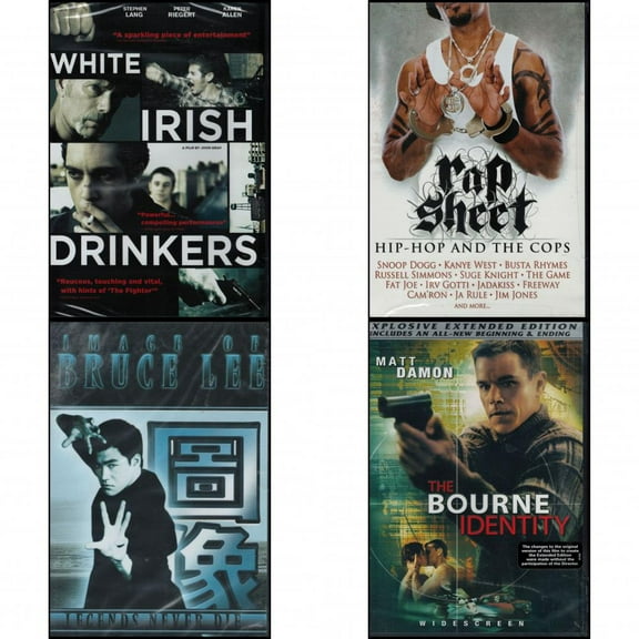 Assorted 4 Pack DVD Bundle: White Irish Drinkers : Rap Sheet: Hip Hop and the Cops : Image of Bruce Lee: Legends Never Die : The Bourne Identity