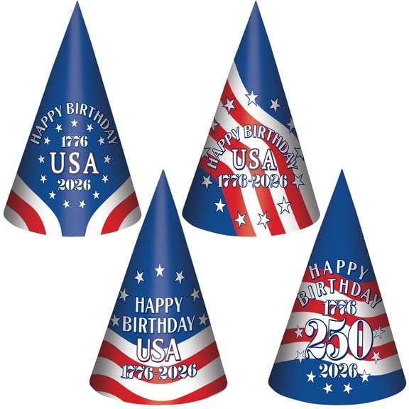 Assorted 9" Semiquincentennial Cone Hats, Pack of 4