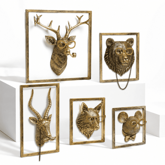 Assorted Animals - 5 Wall Sculptures with Metal Frame, 5 Count Decor for Living Room Bedroom Office