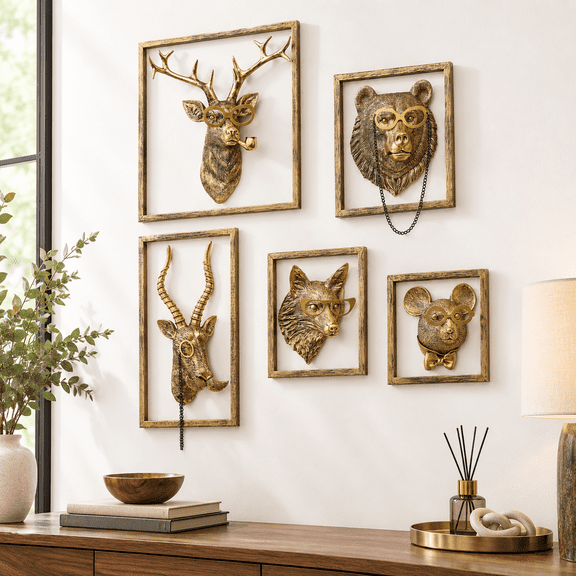 Assorted Animals - 5 Wall Sculptures with Metal Frame, Set of 5
