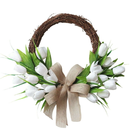 Assorted Artificial Tulip Wreath - 15.75 Inch Chic Rattan Tulip Half Circle Wreath, Spring Front Door Garland with Silk Flowers for Home & Wall Decoration