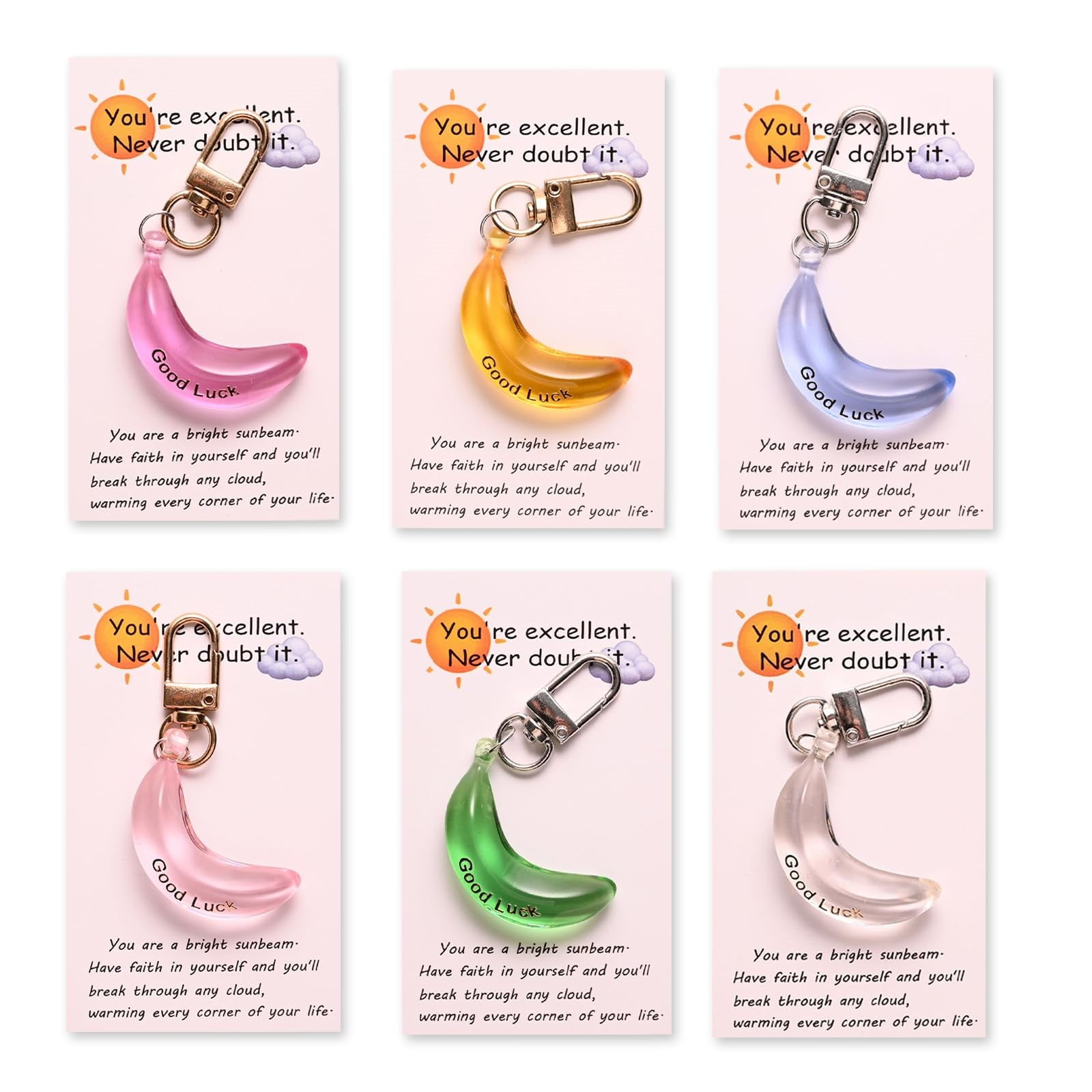 Assorted Banana Shape Good Luck Keychains Set with Inspirational ...