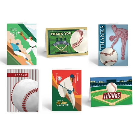 Assorted Baseball Thank You Note Cards - 12 Note Cards with Envelopes - Baseball