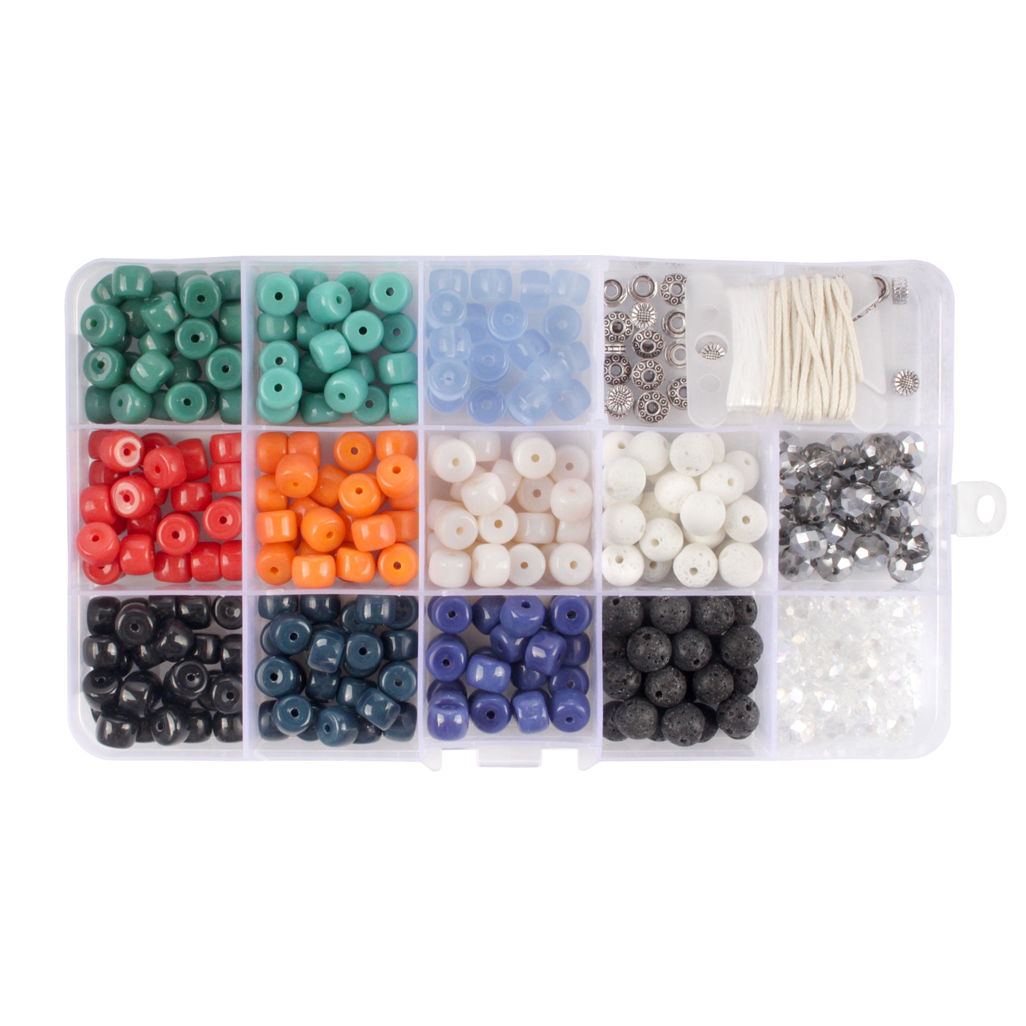 Assorted Bead Kits - DIY Bracelet and Necklace Craft Set - Flat Glass Beads, Lava Beads, and Alloy Accessories with 3.5m of Wax & Elastic Thread - Assortment 216