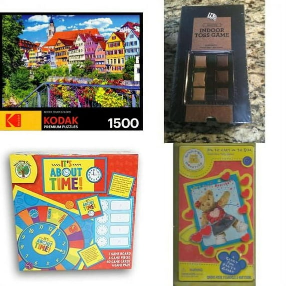 Assorted Board Games 4 Pack Bundle: Disney Princess Pop-Up Game Ariel Belle Cinderella Jasmine Ages 4 Up, Desktop Cornhole Indoor Toss Game Desktop Edition, Teaching Tree Its About Time Math Board Gam