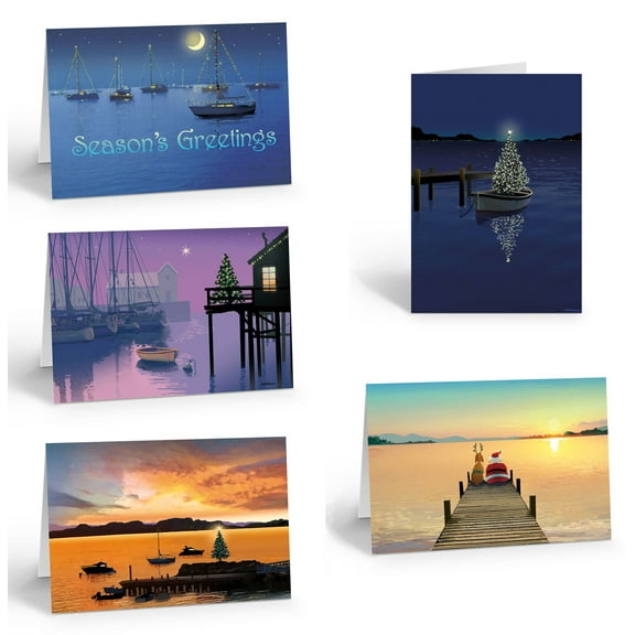 Assorted Boating Christmas Notecards - 5 Different Designs - 15 Cards & White En