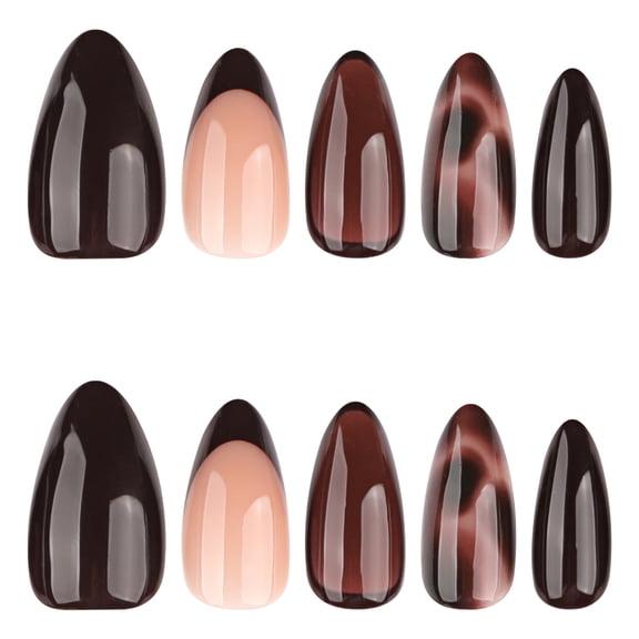 Assorted Brown Tones with Marbled Pattern Press on Nails, Medium Pointed Almond Glossy False Nails, 24 Count