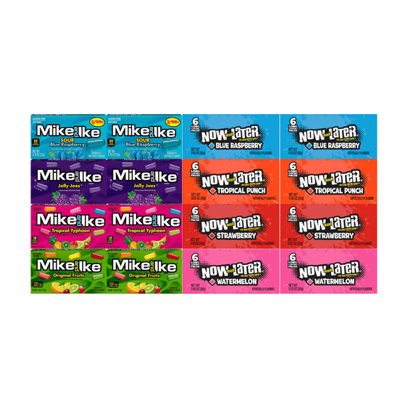 Assorted Candy Mix 16 Pack Includes 4 Flavors of Mike and Ike & 4 Flavors of Now and Later 2 of Each Flavor Chewy and Fruity Variety Pack for Snacking, Sharing, and Gifting