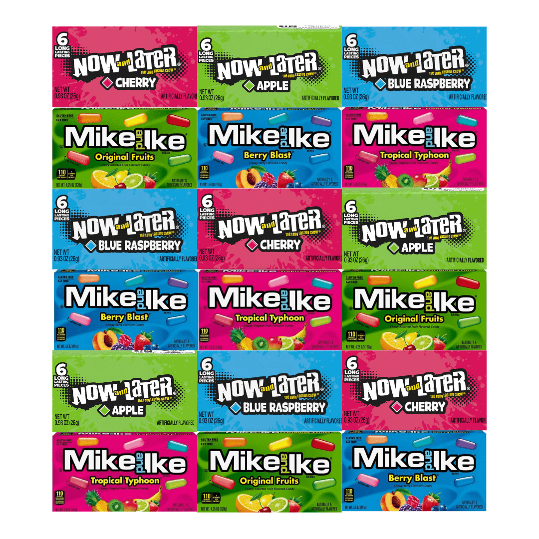 Assorted Candy Mix 18 Pack - 3 Each Flavor Of Cherry, Apple, Blue Raspberry, Original Fruits, Berry Blast, Tropical Typhoon - Mike And Ike & Now And Later Individually Wrapped Candies