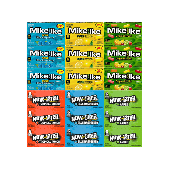 Assorted Candy Mix 18 Pack  Includes 3 Flavors of Mike and Ike & Now and Later  Sour Blue Raspberry, Sour Lemon, Original Fruits  Tropical Punch, Blue Raspberry, Apple  Individually Wrapped