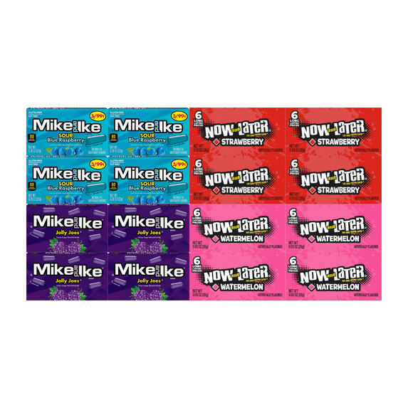 Assorted Candy Mix – 2 Flavors of Mike and Ike, 2 Flavors of Now and Later – Sour Blue Raspberry, Jolly Joes, Strawberry, Watermelon – 4 Each Flavor – Bulk 16 Pack – Chewy, Fruity Candy