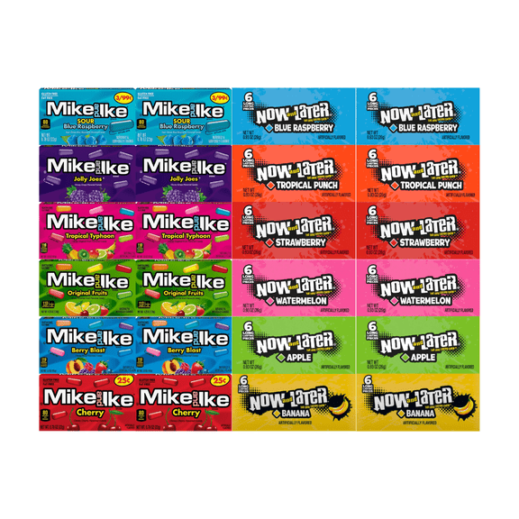 Assorted Candy Mix, 24 Pack 6 Flavors of Mike and Ike & 6 Flavors of Now and Later, 2 of Each Flavor Chewy & Fruity Variety Bulk Pack for Sharing, Parties, Snack Time, Office, Road Trips & More