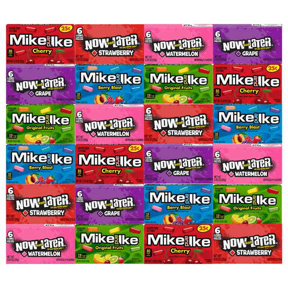 Assorted Candy Mix 24 Pack - Includes Mike and Ike & Now and Later - 4 Each Flavor (Cherry, Strawberry, Grape, Original Fruits, Berry Blast, Watermelon) Individually Wrapped Candy
