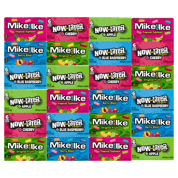 Assorted Candy Mix - 24-Pack, Mike and Ike & Now and Later Individually Wrapped Candies with Tropical Typhoon, Blue Raspberry, Berry Blast, Cherry, Apple & Original Fruits