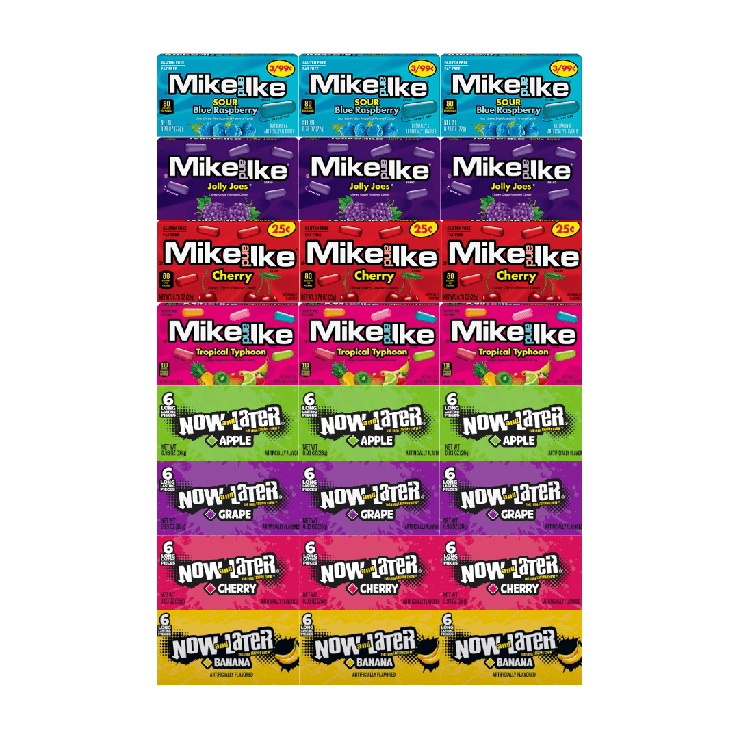 Assorted Candy Mix, 4 Flavors of Mike and Ike, 4 Flavors of Now and Later, 3 Each Flavor, 24 Pack – Bulk Chewy and Fruity Candy Variety for Snacking and Sharing
