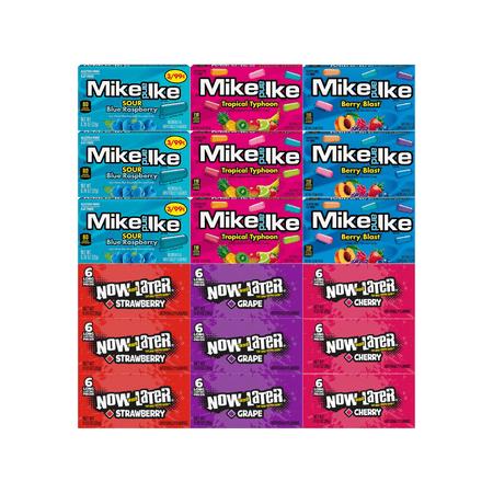 Assorted Candy Mix Variety Pack – 3 Flavors of Mike and Ike & 3 Flavors of Now and Later – 18 Pack – Chewy & Fruity Candy for Snacking, Parties & Gift Boxes – Individually Wrapped for Freshness