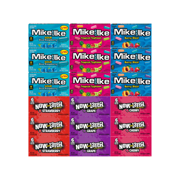 Assorted Candy Mix Variety Pack 3 Flavors of Mike and Ike & 3 Flavors of Now and Later 18 Pack Chewy & Fruity Candy for Snacking, Parties & Gift Boxes Individually Wrapped for Freshness