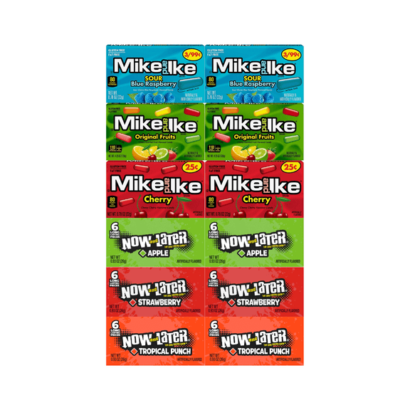 Assorted Candy Mix Variety Pack, 3 Flavors of Mike and Ike & 3 Flavors of Now and Later, Fruity Chewy Candies in Individual Packs, Bulk 12 Pack for Snacking, Sharing, and Parties