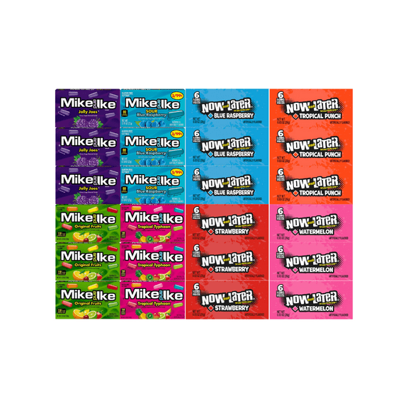 Assorted Candy Mix Variety Pack, 4 Flavors of Mike and Ike & 4 Flavors of Now and Later, 3 Each Flavor, 24 Pack Chewy & Fruity Candies for Snacking, Parties, Office, and Gifting