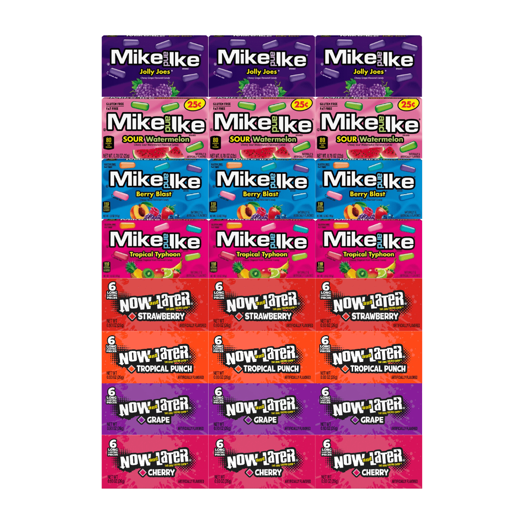 Assorted Candy Mix Variety Pack ? 4 Flavors Of Mike And Ike & 4 Flavors Of Now And Later ? 3 Of Each Flavor ? Bulk 24 Pack ? Fruit Chewy Candy ? Individually Wrapped For Snacking, Parties & Sharing